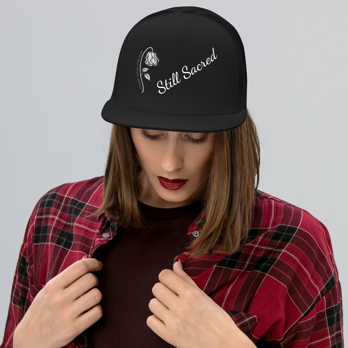 Black Still Sacred 5-panel trucker cap – front view streetwear accessory