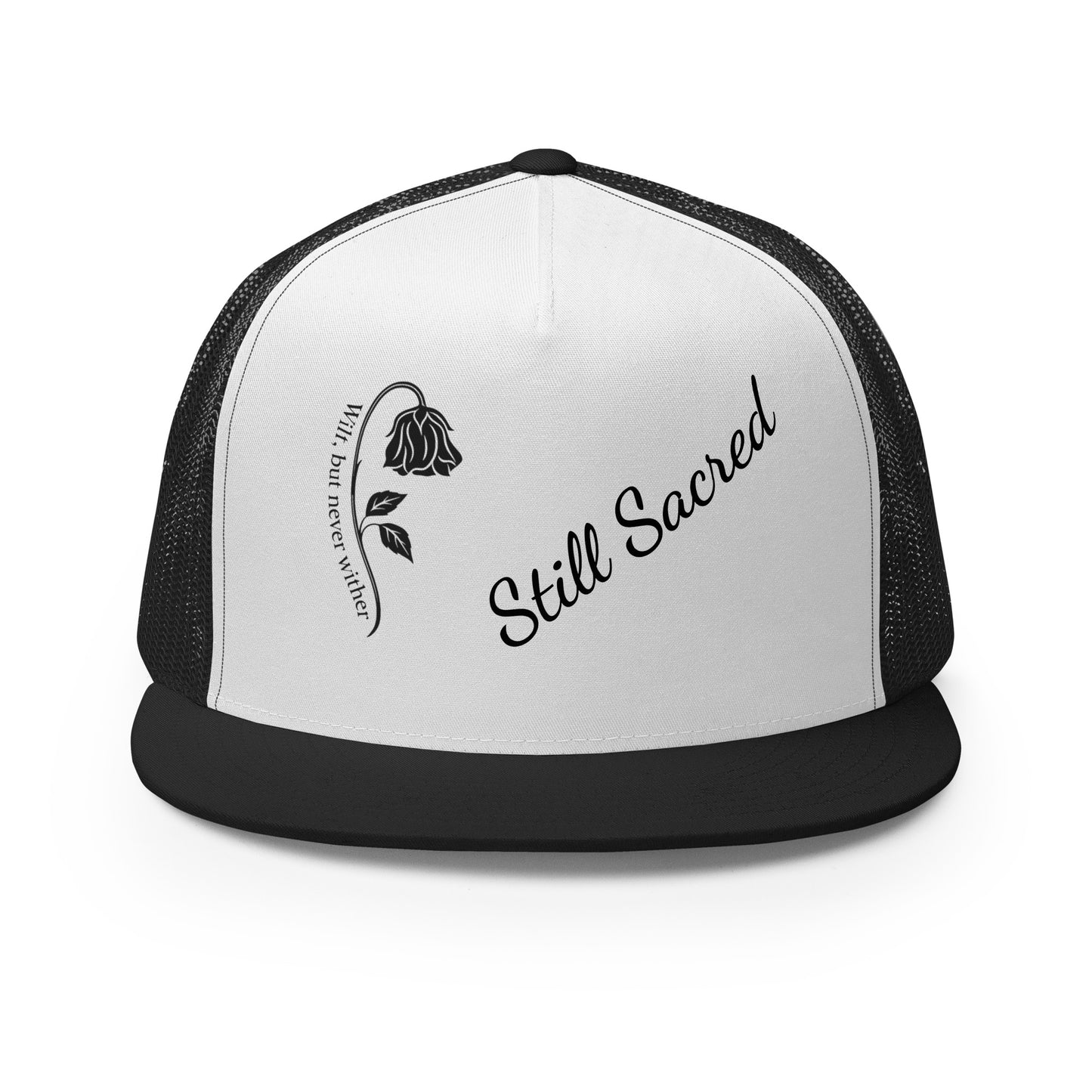 White and black Still Sacred 5-panel trucker cap – front view streetwear accessory