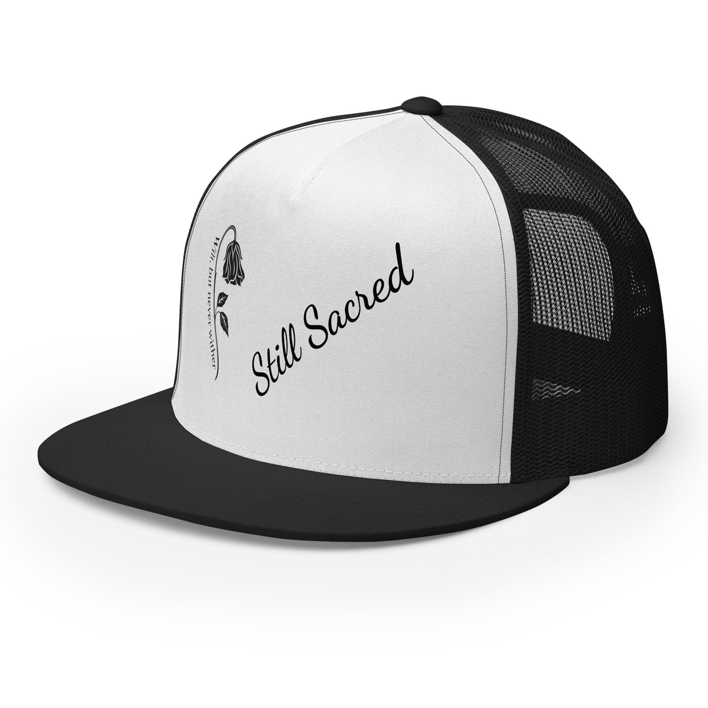White and black Still Sacred 5-panel trucker cap – front left view streetwear accessory