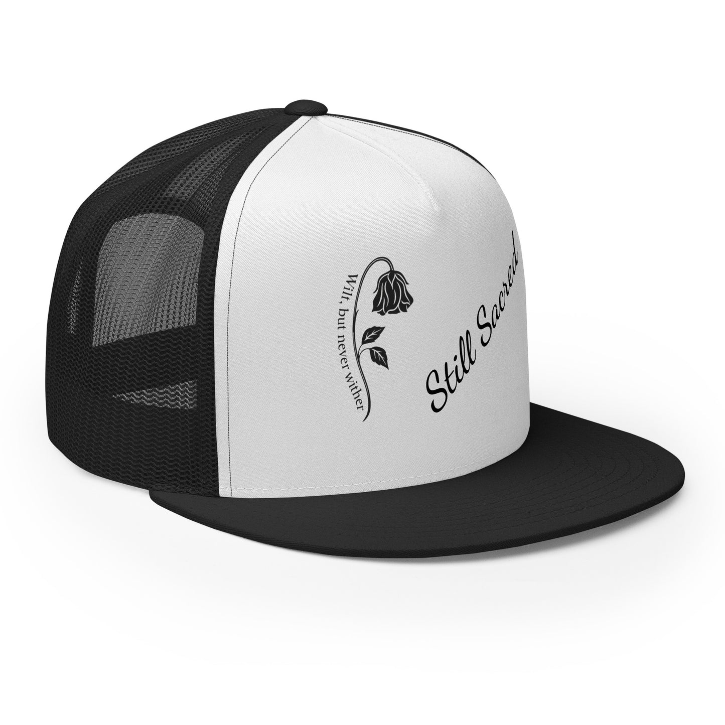 White and black Still Sacred 5-panel trucker cap – front right view streetwear accessory