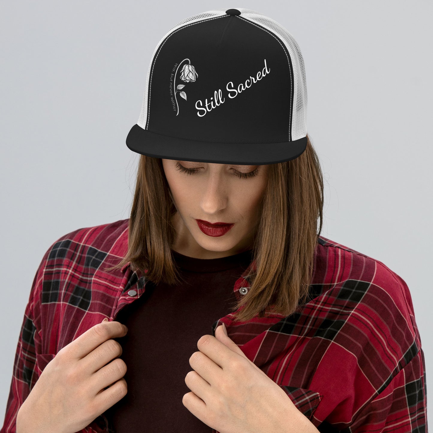 White and Black Still Sacred 5-panel trucker cap – front view streetwear accessory