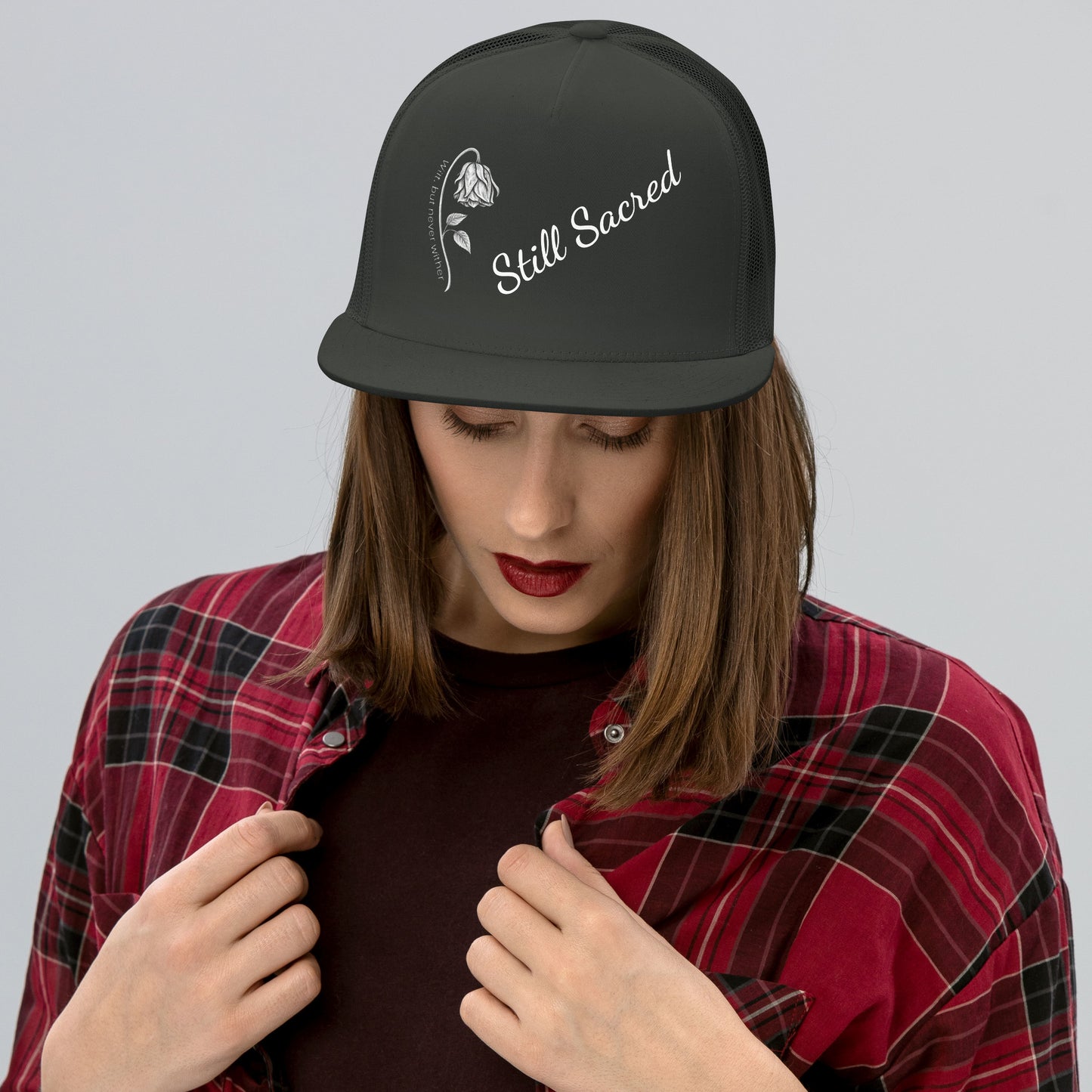 Charcoal Still Sacred 5-panel trucker cap – front view streetwear accessory