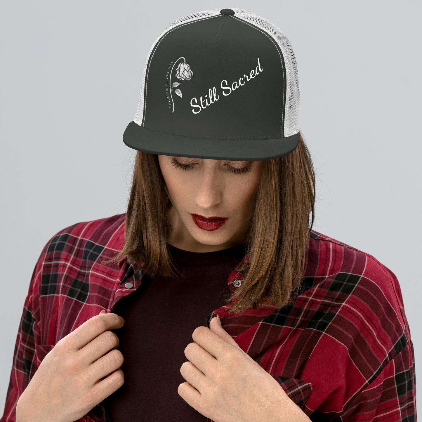White and charcoal Still Sacred 5-panel trucker cap – front view streetwear accessory