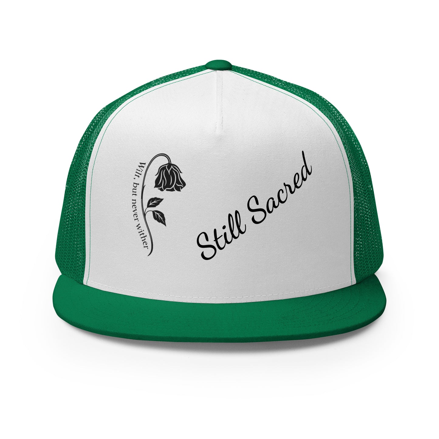 Green and white Still Sacred 5-panel trucker cap – front view streetwear accessory