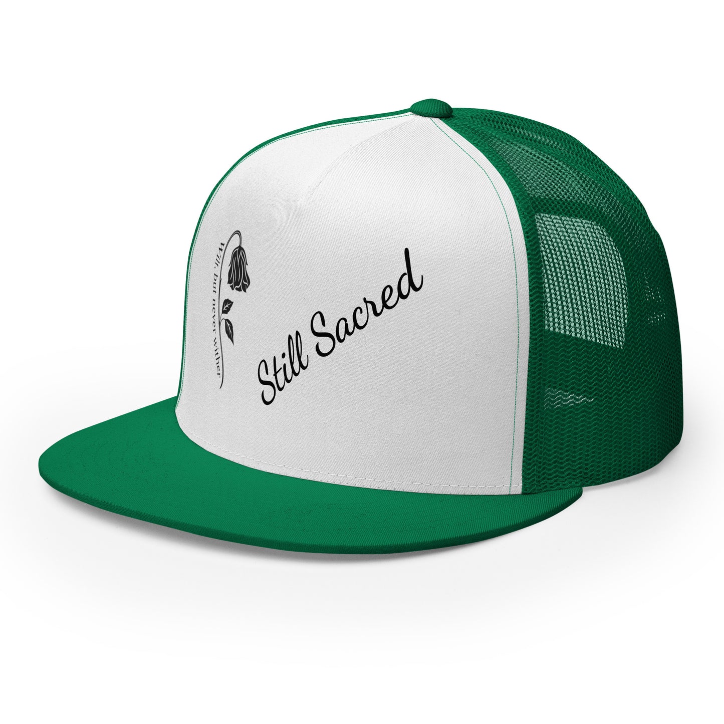 Green and white Still Sacred 5-panel trucker cap – front left view streetwear accessory