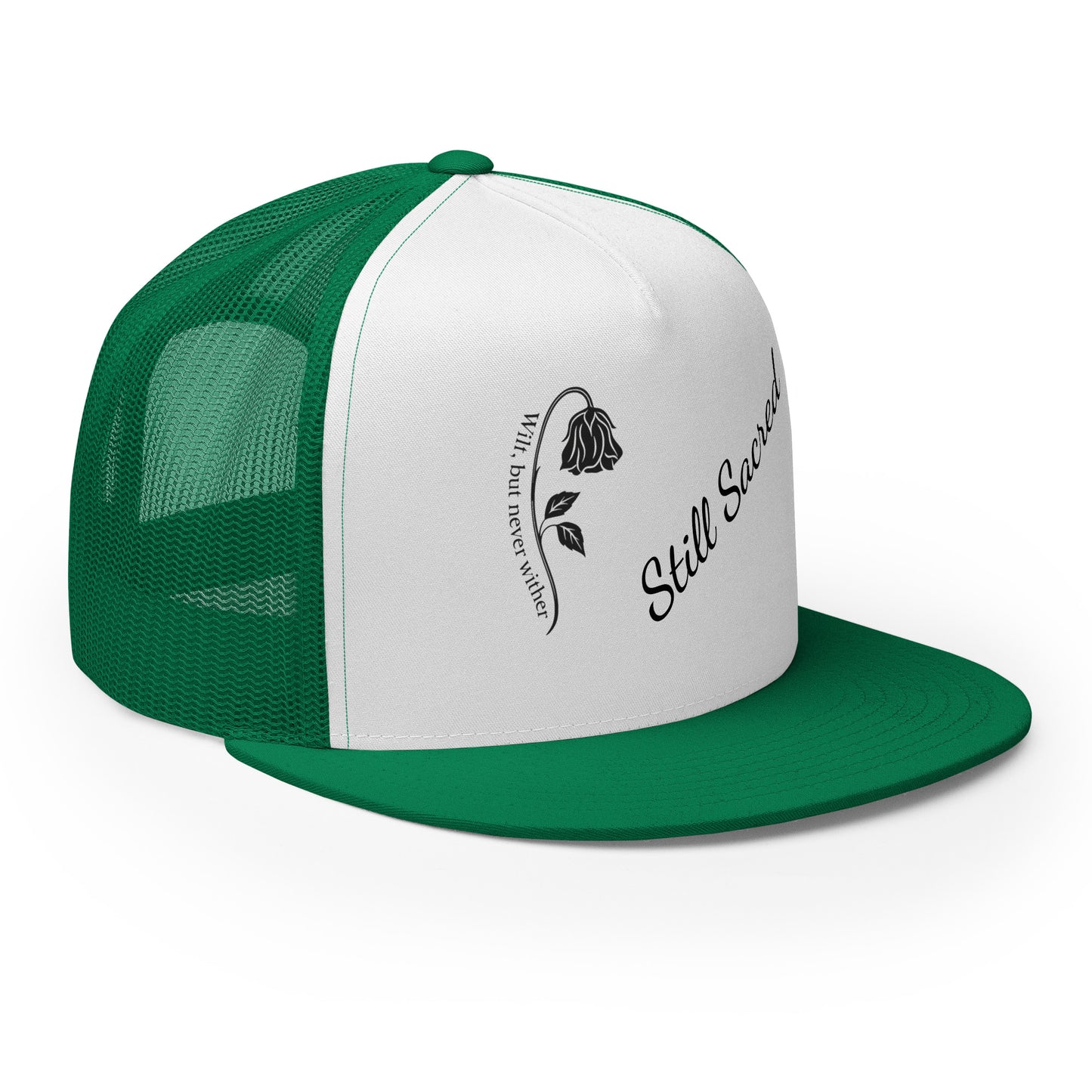 Green and white Still Sacred 5-panel trucker cap – front right view streetwear accessory
