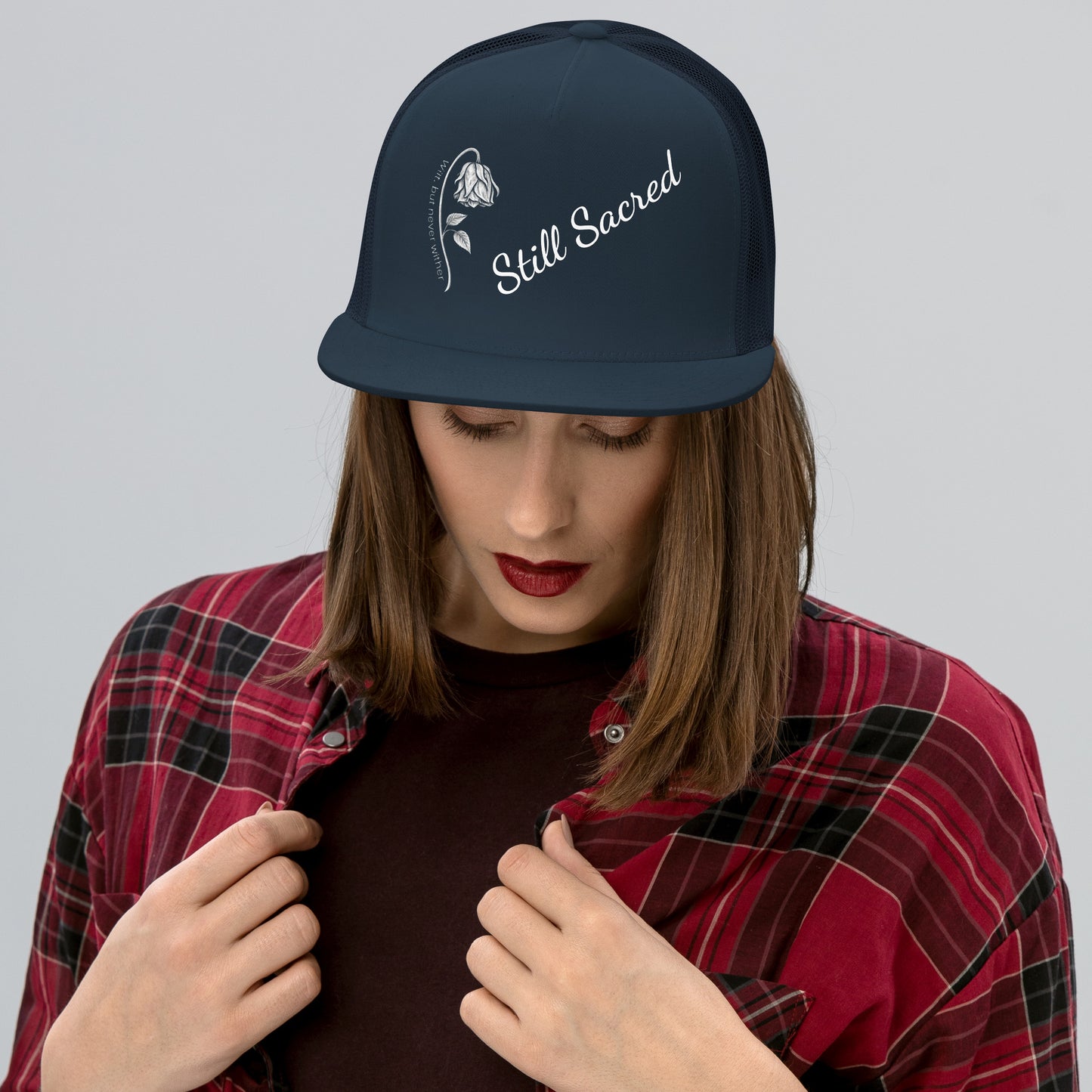 Navy Still Sacred 5-panel trucker cap – front view streetwear accessory