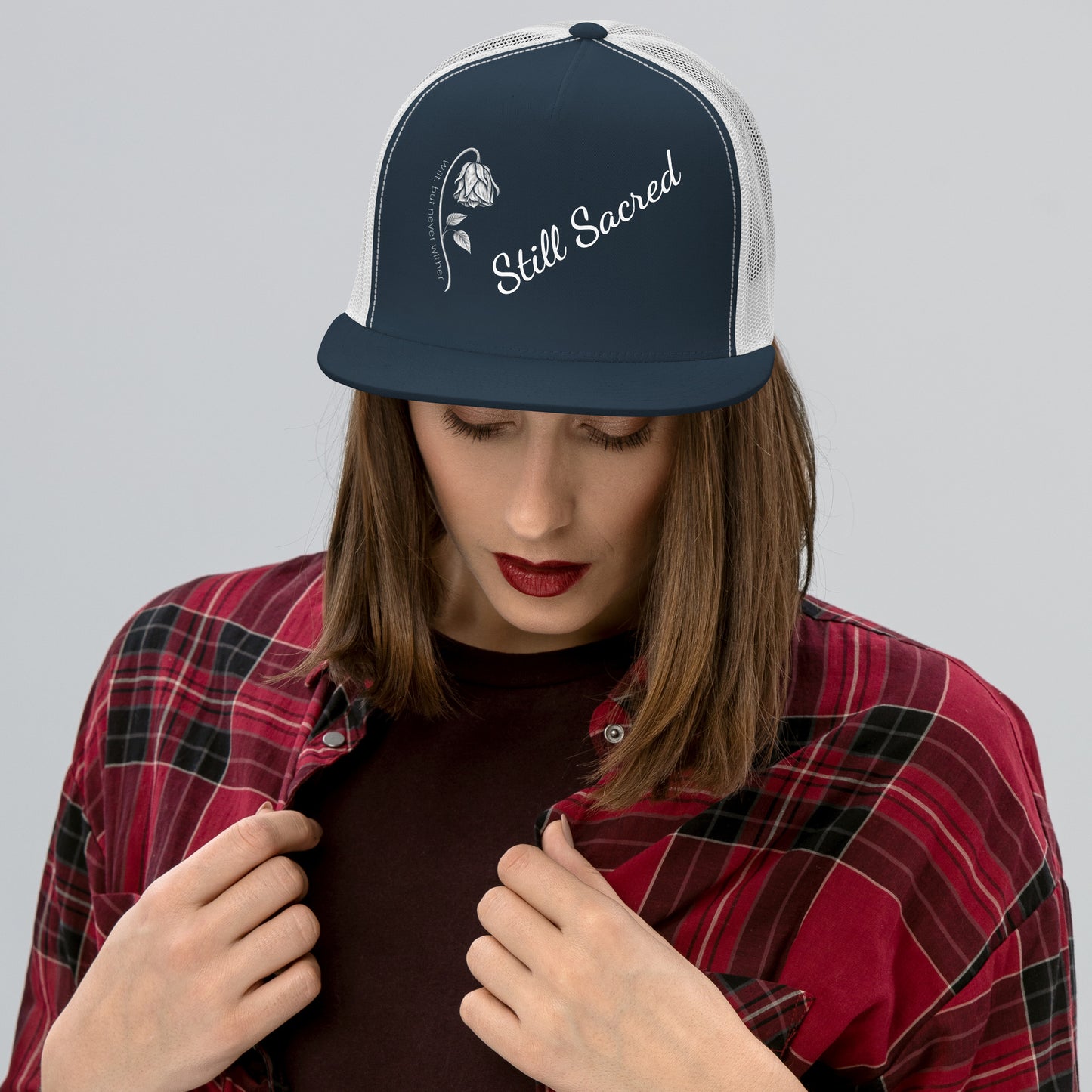 White and Blue Still Sacred 5-panel trucker cap – front view streetwear accessory