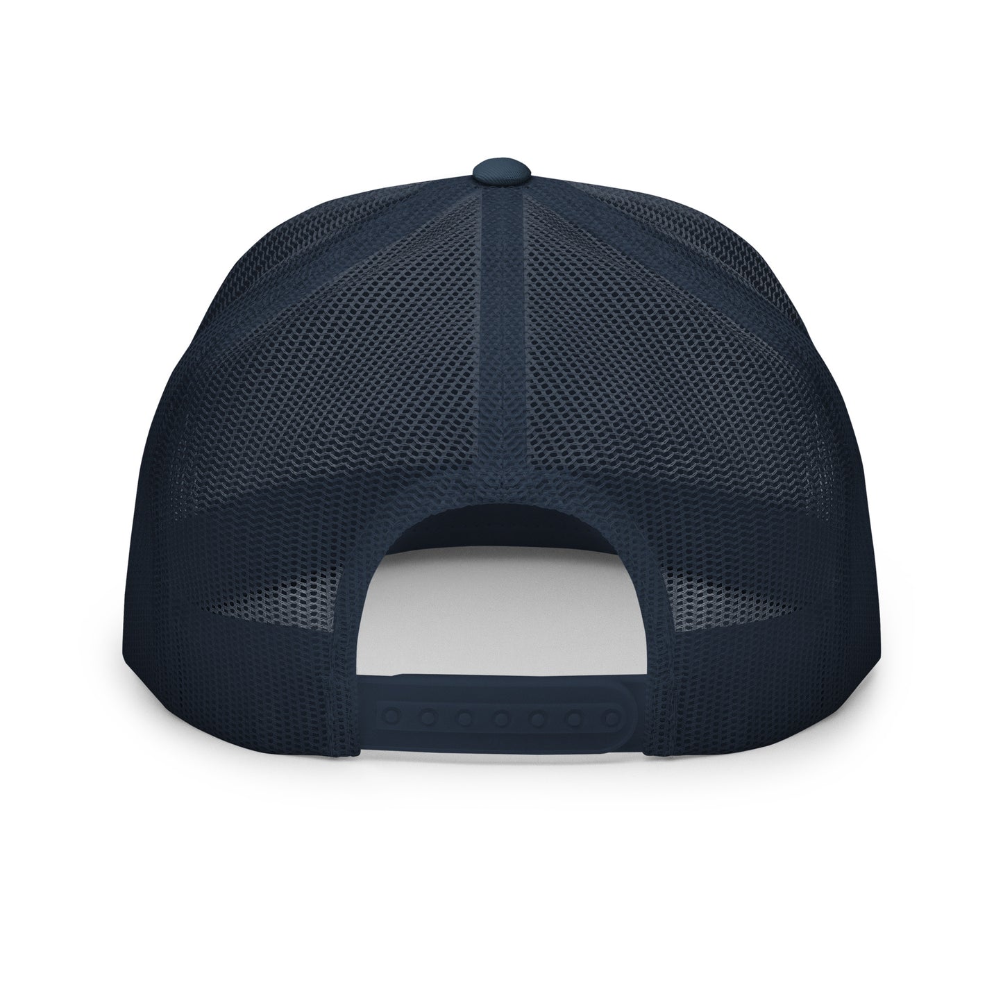 navy and white Still Sacred 5-panel trucker cap – back view streetwear accessory