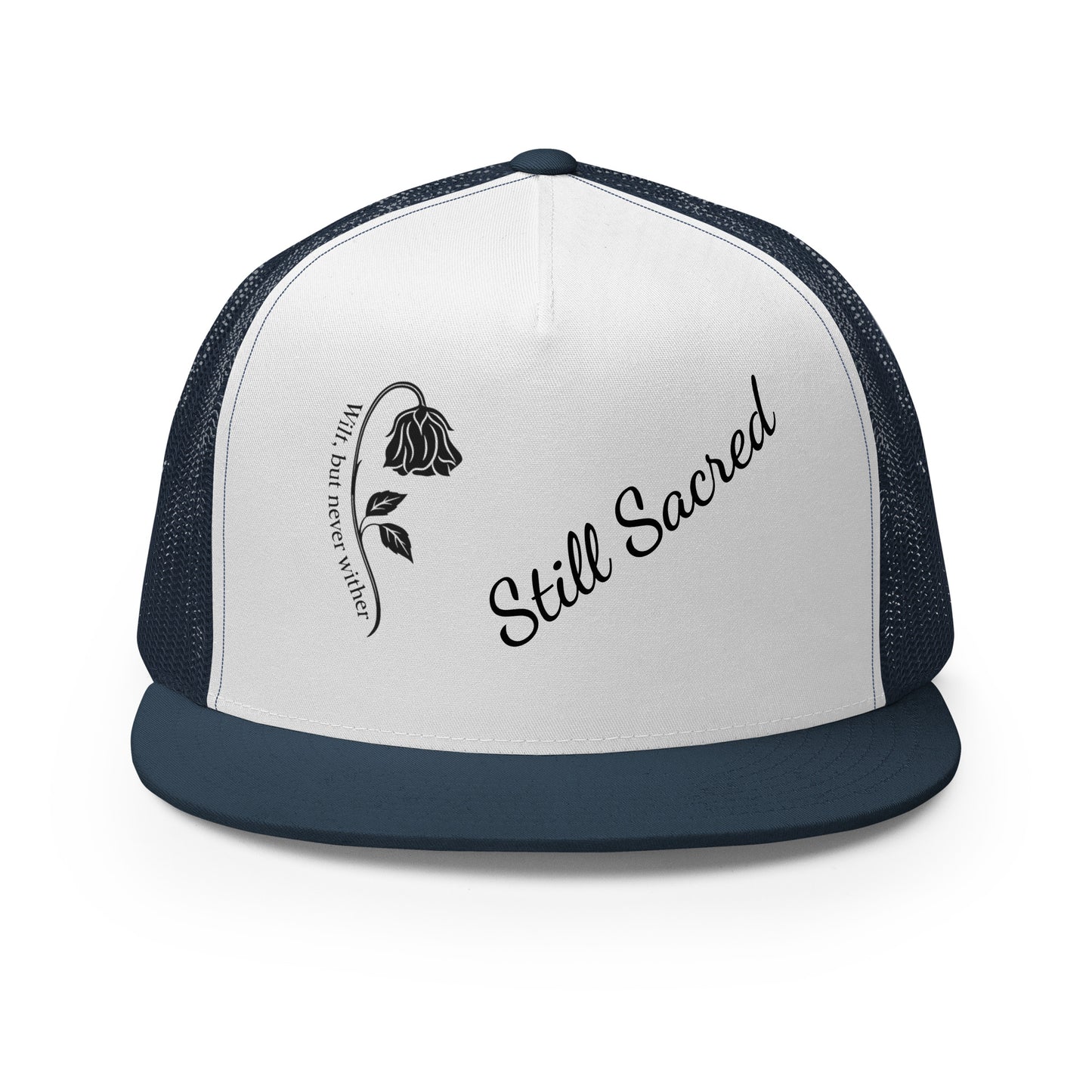 Navy and white Still Sacred 5-panel trucker cap – front view streetwear accessory