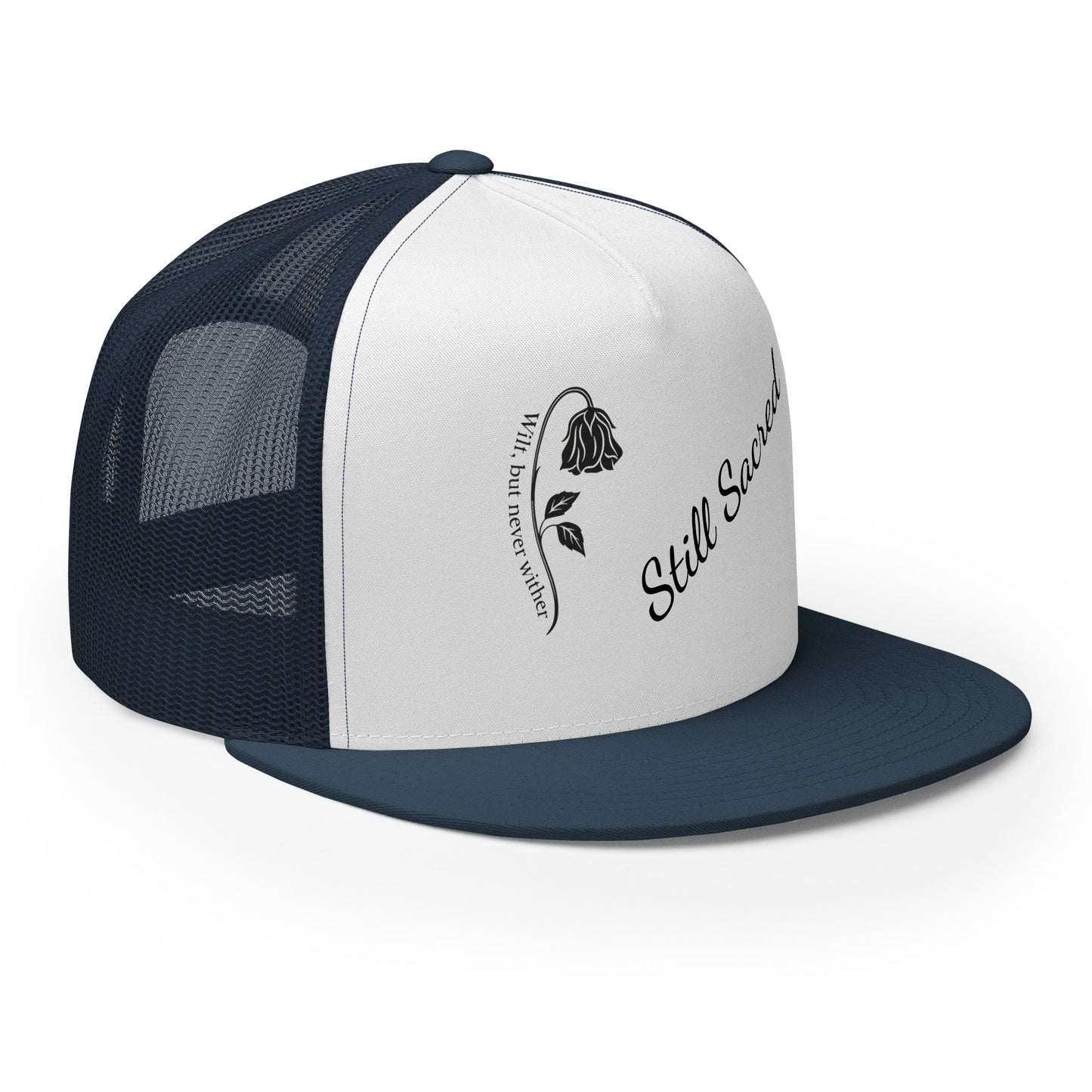navy and white Still Sacred 5-panel trucker cap – front right view streetwear accessory