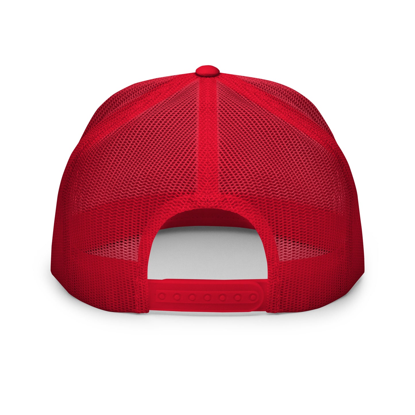 Red and white Still Sacred 5-panel trucker cap – Back view streetwear accessory