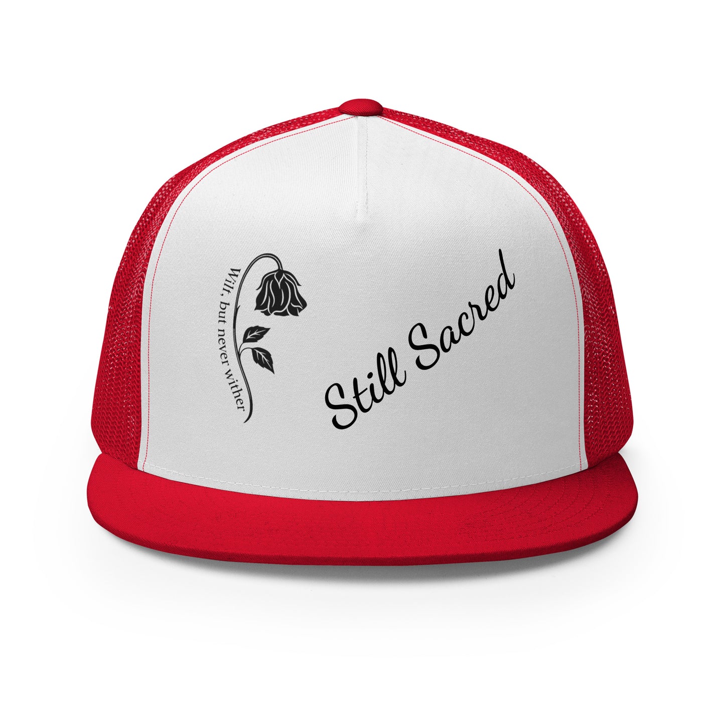 Red and white Still Sacred 5-panel trucker cap – front view streetwear accessory