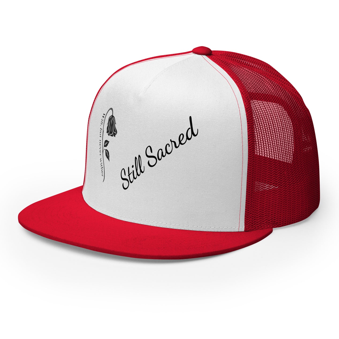 Red and white Still Sacred 5-panel trucker cap – front left view streetwear accessory