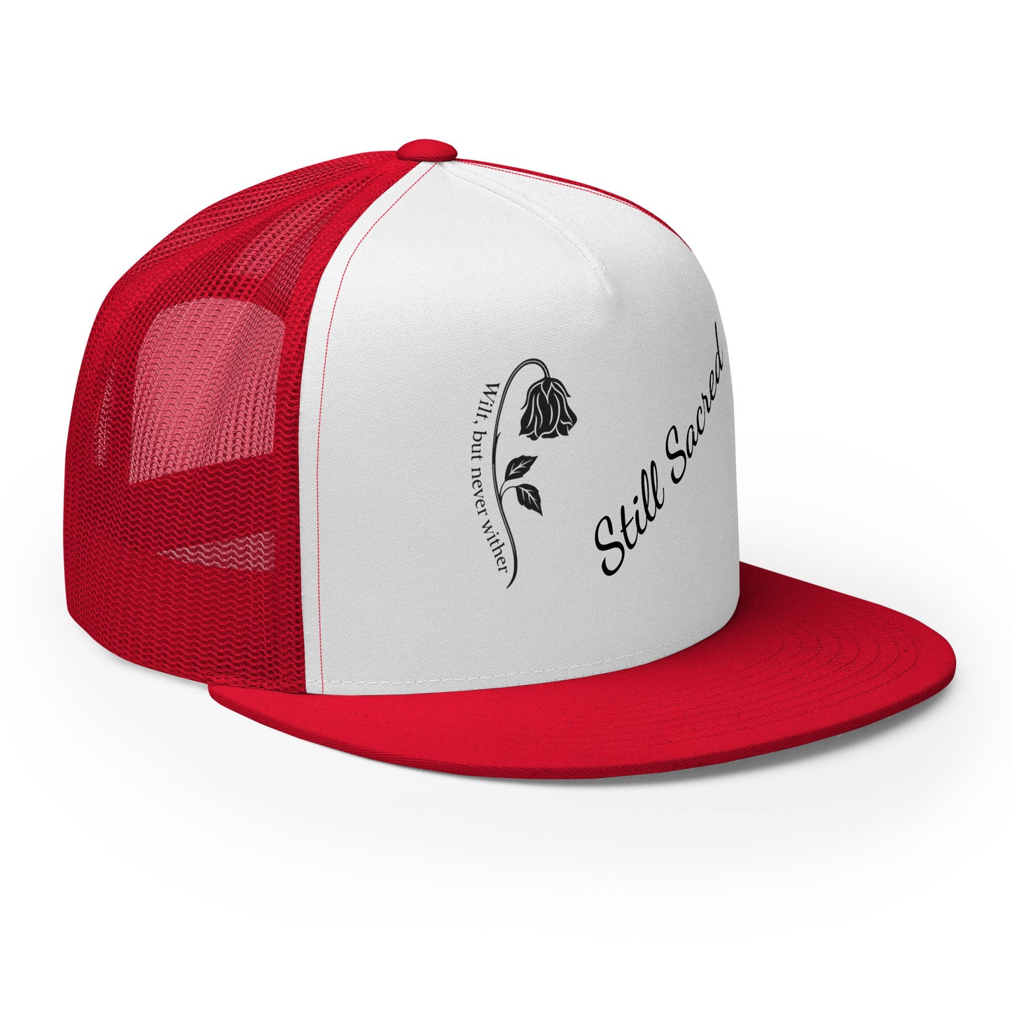 Red and white Still Sacred 5-panel trucker cap – front right view streetwear accessory