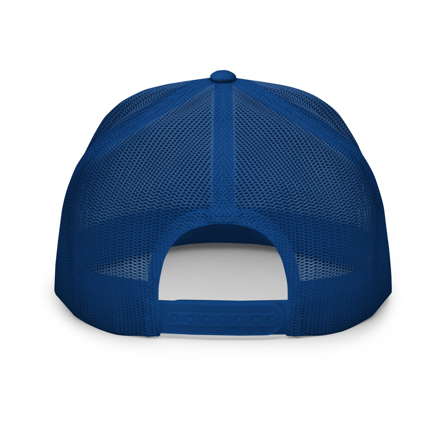 blue and white Still Sacred 5-panel trucker cap – back view streetwear accessory