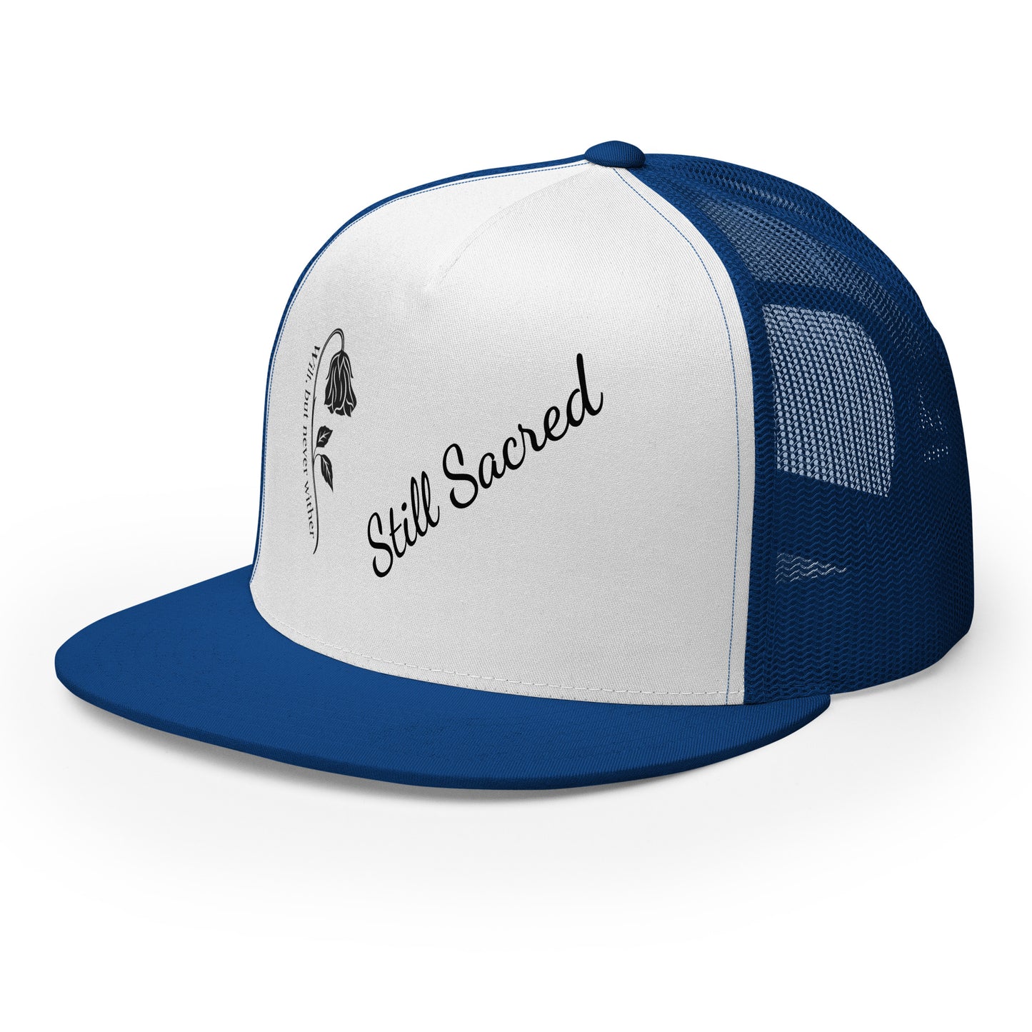 blue and white Still Sacred 5-panel trucker cap – front left view streetwear accessory