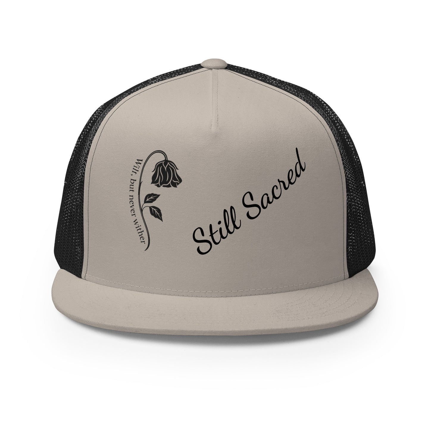 Silver and black Still Sacred 5-panel trucker cap – front view streetwear accessory