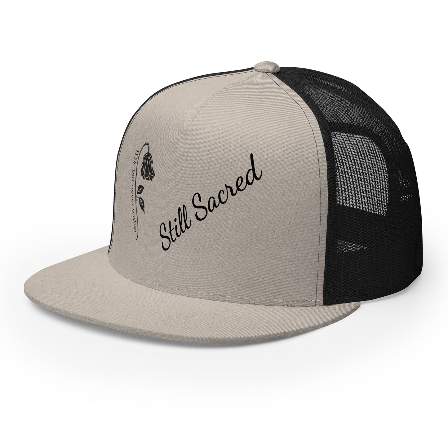 Silver and black Still Sacred 5-panel trucker cap – front left view streetwear accessory