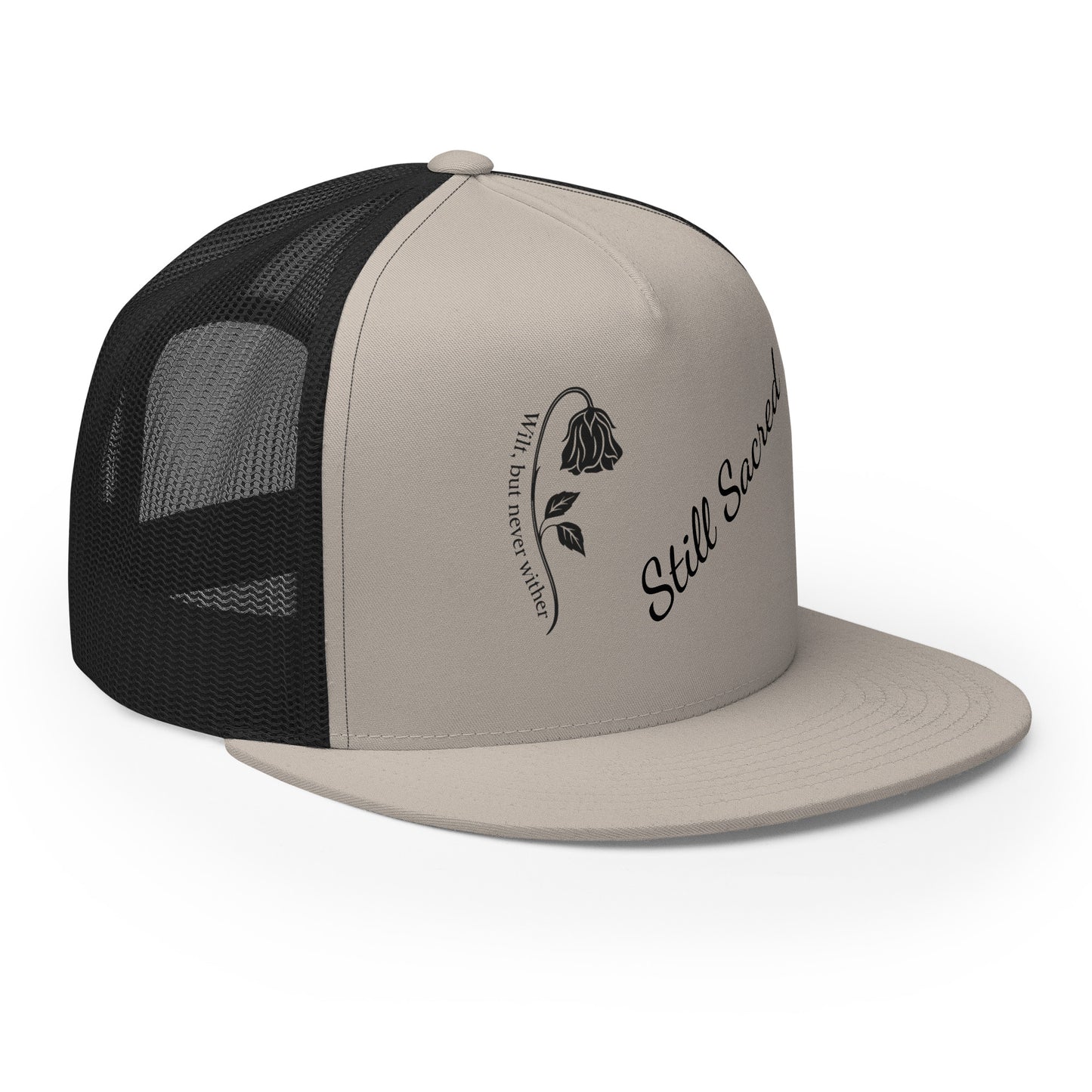 Silver and black Still Sacred 5-panel trucker cap – front right view streetwear accessory