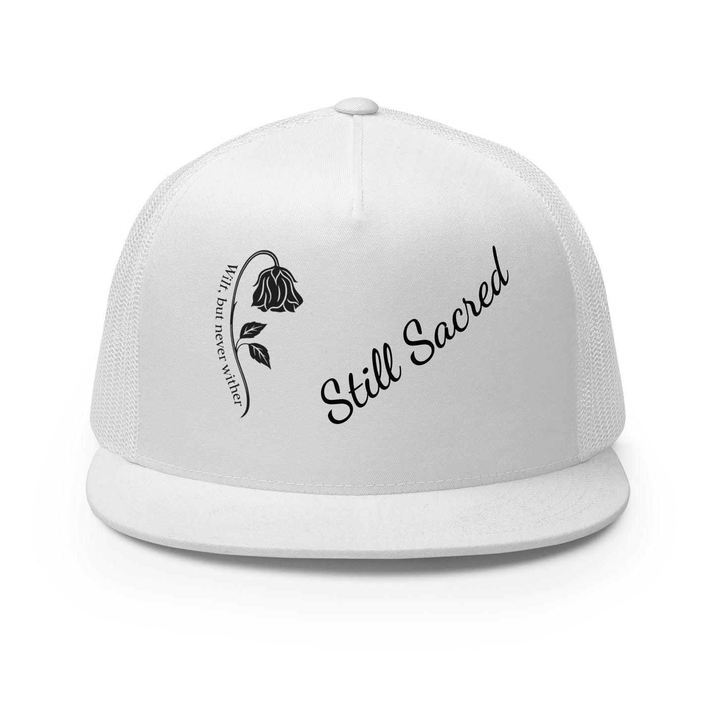 white Still Sacred 5-panel trucker cap – front view streetwear accessory