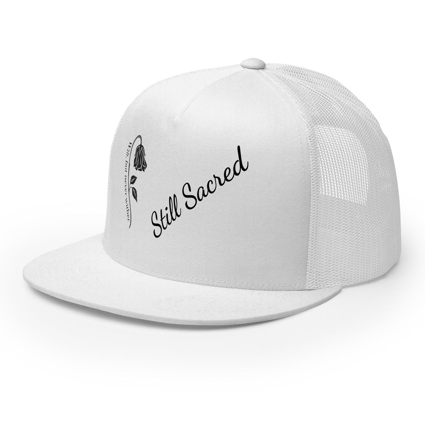 white Still Sacred 5-panel trucker cap – front left view streetwear accessory