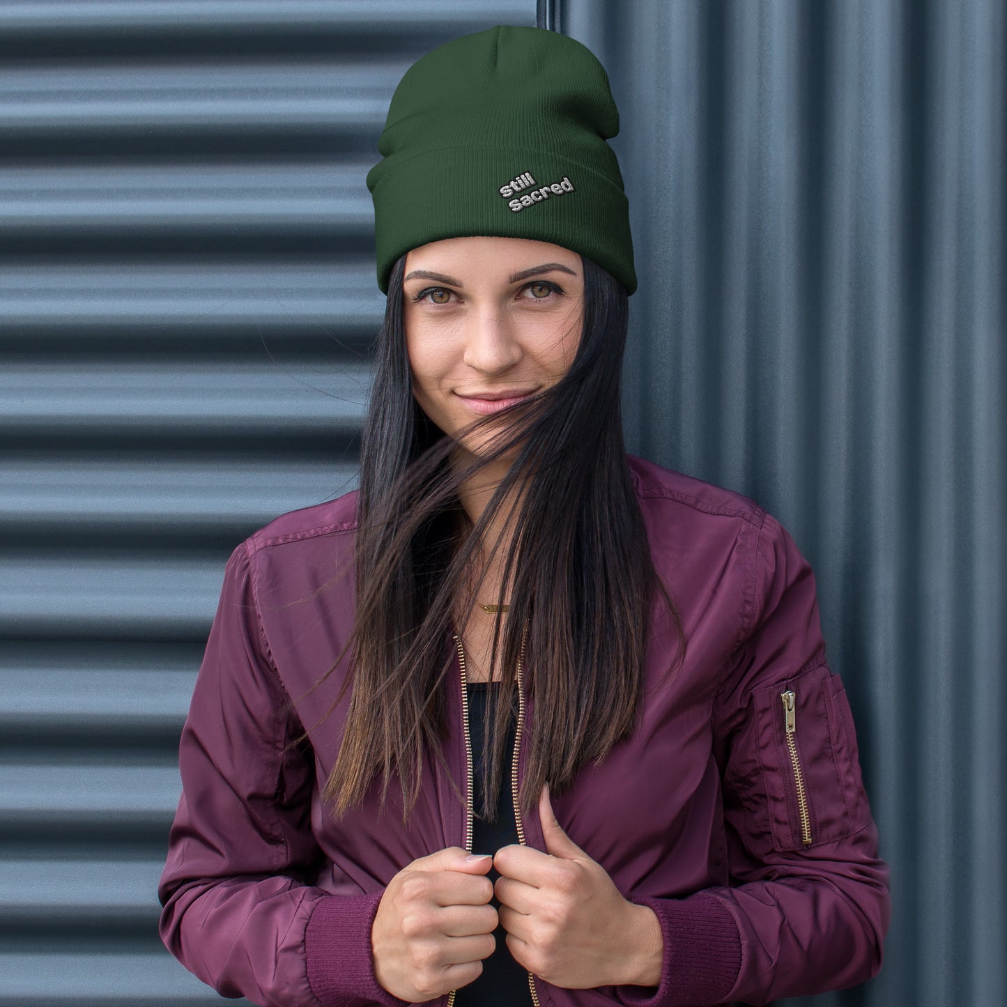 Green Still Sacred knit beanie – front view streetwear winter accessory