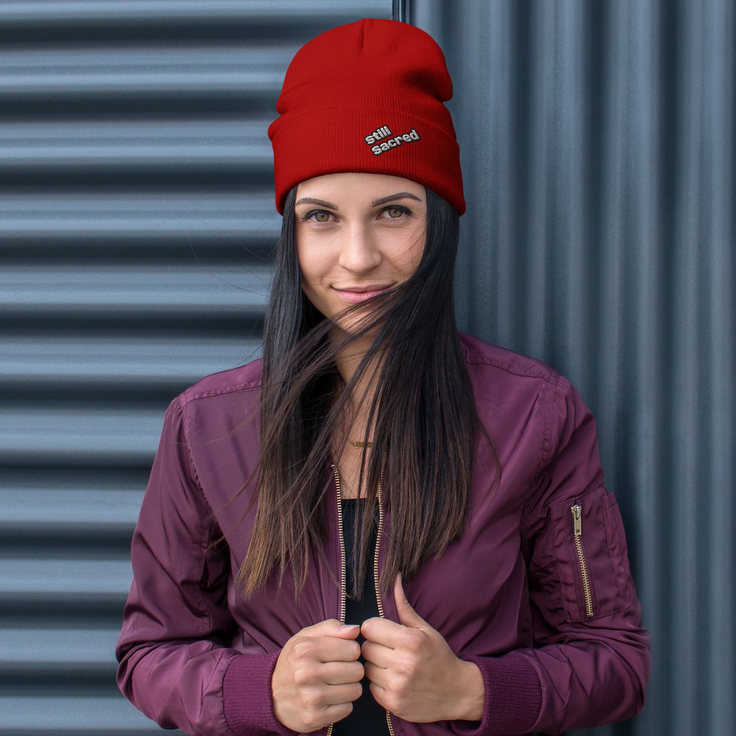 Red Still Sacred knit beanie – front view streetwear winter accessory