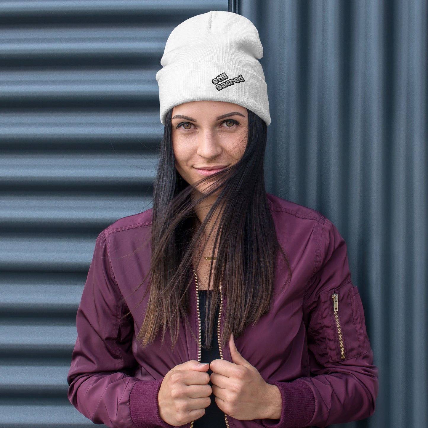 White Still Sacred knit beanie – front view streetwear winter accessory