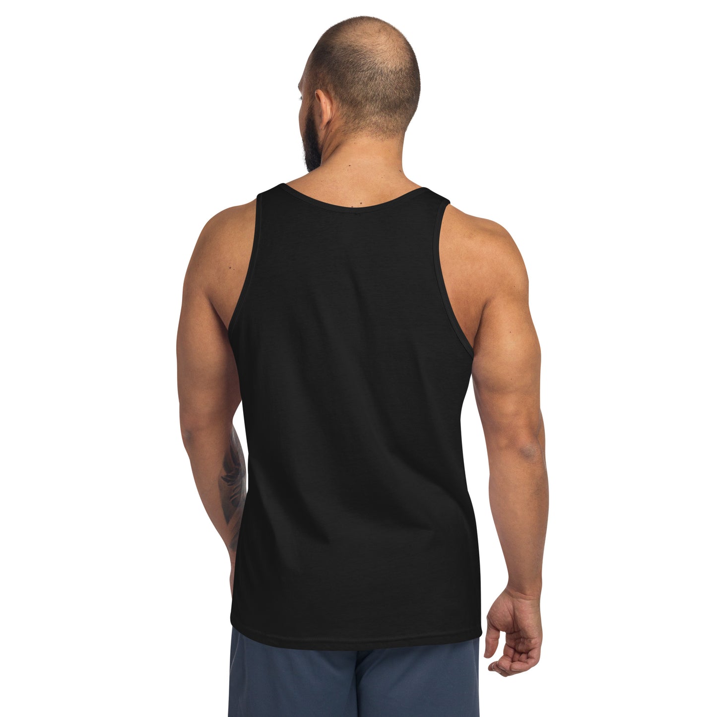 Black Still Sacred men's tank top – Skelly skeleton lifting weights, back view streetwear design