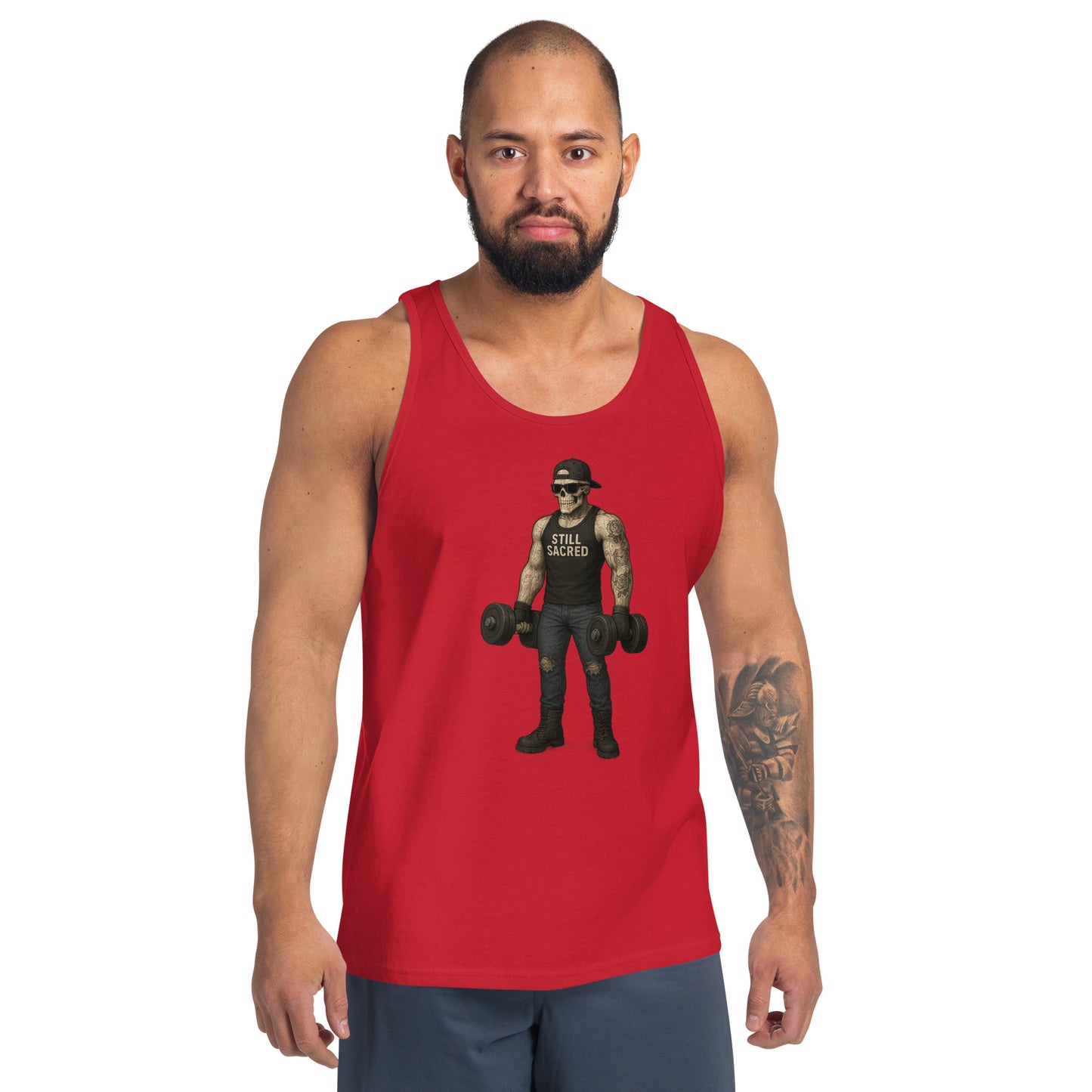 Red Still Sacred men's tank top – Skelly skeleton lifting weights, front view streetwear design