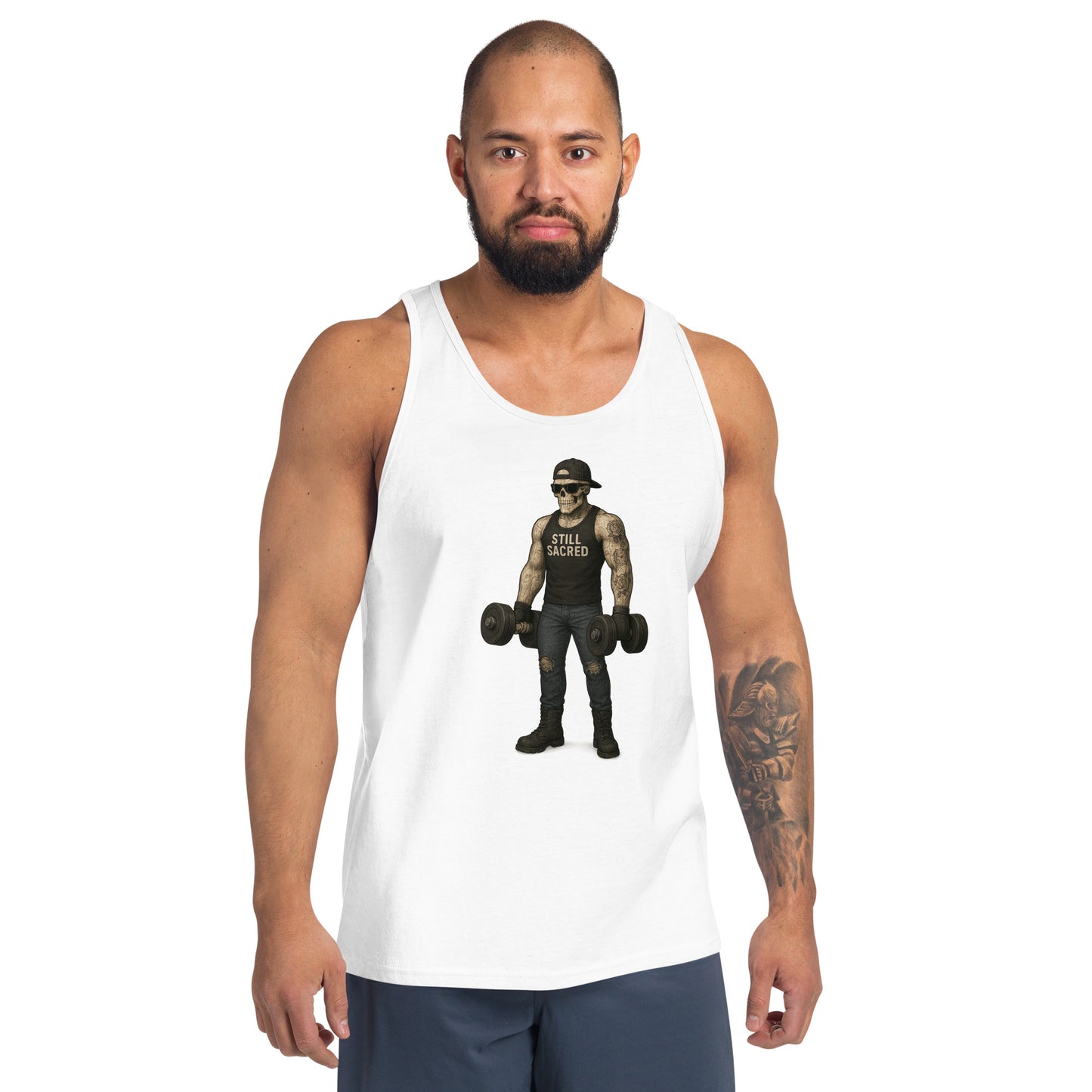 White Still Sacred men's tank top – Skelly skeleton lifting weights, front view streetwear design