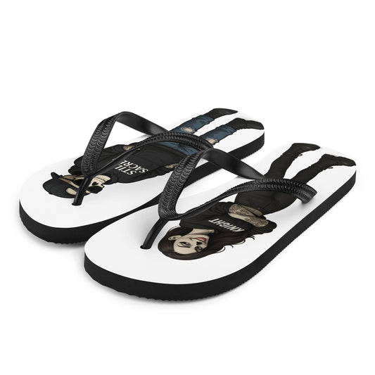 White Still Sacred flip-flops – Skelly and Shade skeleton design on top, sublimated streetwear footwear