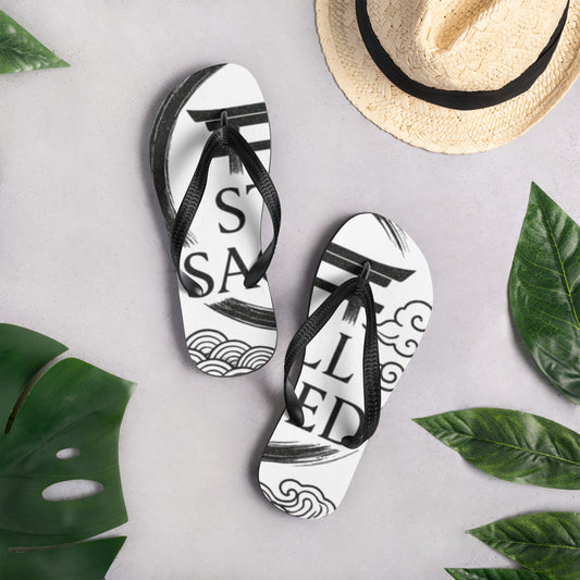 White and black Still Sacred Flip Flops Round Design, Full coverage top view