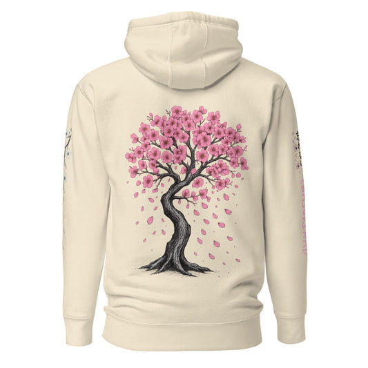 Bone-colored hoodie with Skelly kneeling at an Ema board on the front, a sakura tree shedding petals on the back, left sleeve with falling blossoms, and right sleeve featuring the kanji 「忘れない」 with cherry blossoms and “WASURENAI” vertically beneath.