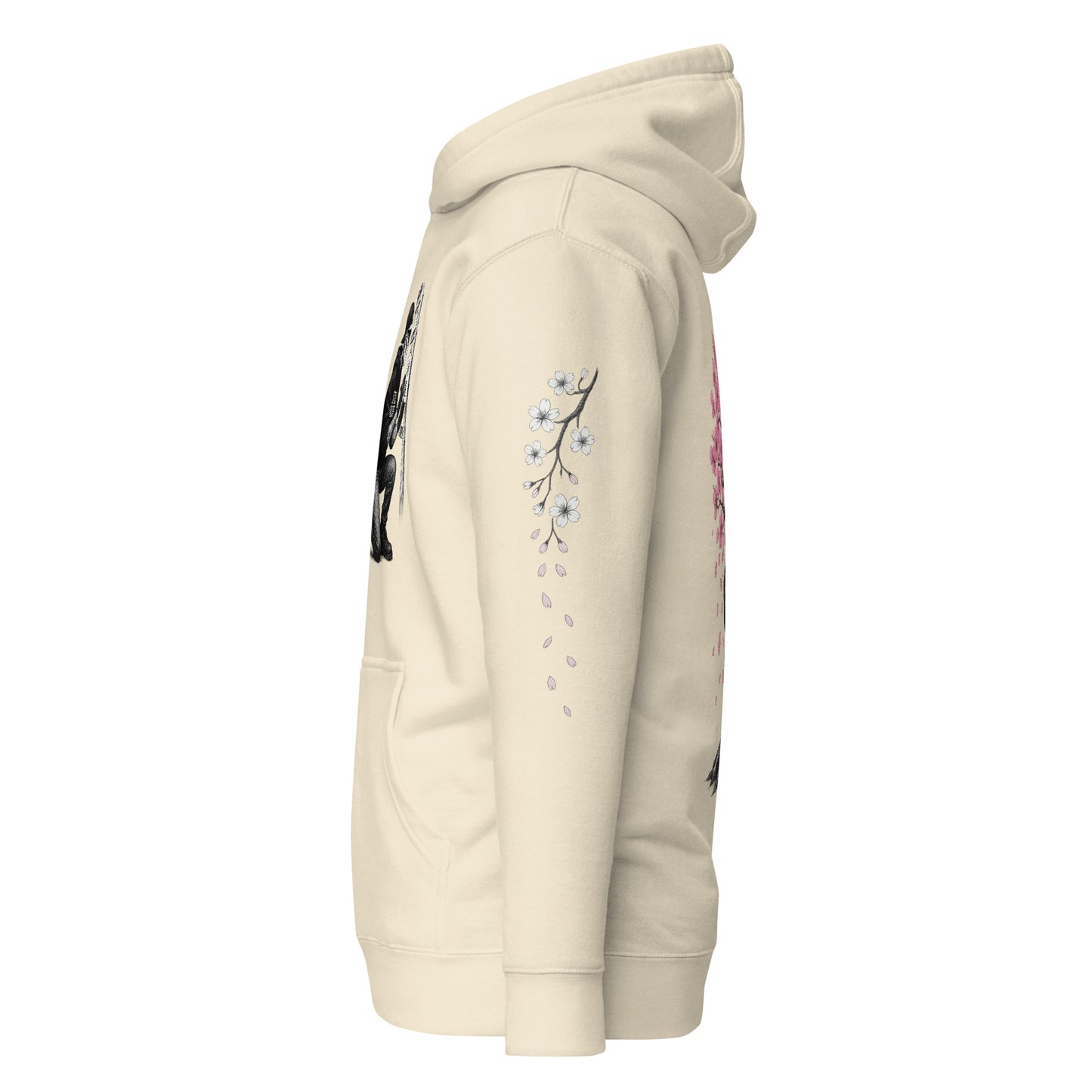 Bone-colored hoodie with Skelly kneeling at an Ema board on the front, a sakura tree shedding petals on the back, left sleeve with falling blossoms, and right sleeve featuring the kanji 「忘れない」 with cherry blossoms and “WASURENAI” vertically beneath.