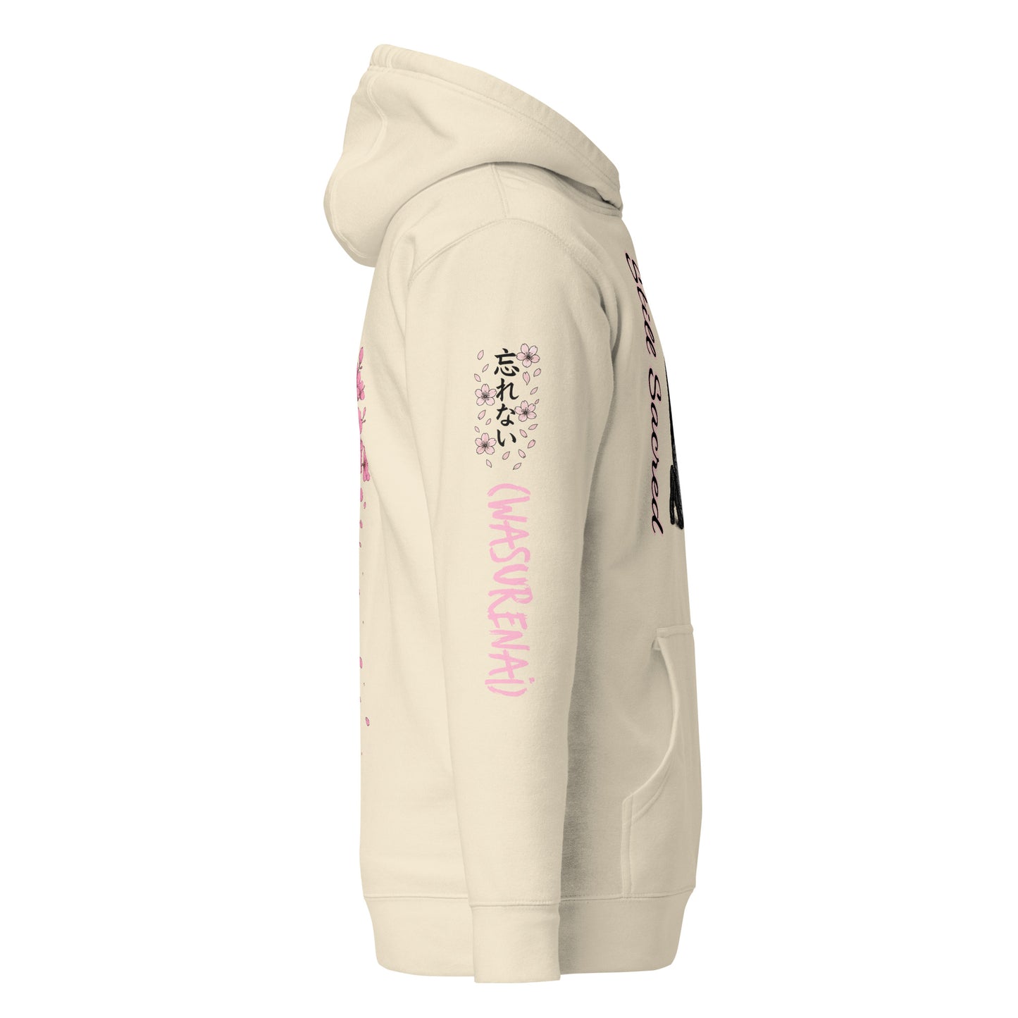 Bone-colored hoodie with Skelly kneeling at an Ema board on the front, a sakura tree shedding petals on the back, left sleeve with falling blossoms, and right sleeve featuring the kanji 「忘れない」 with cherry blossoms and “WASURENAI” vertically beneath.
