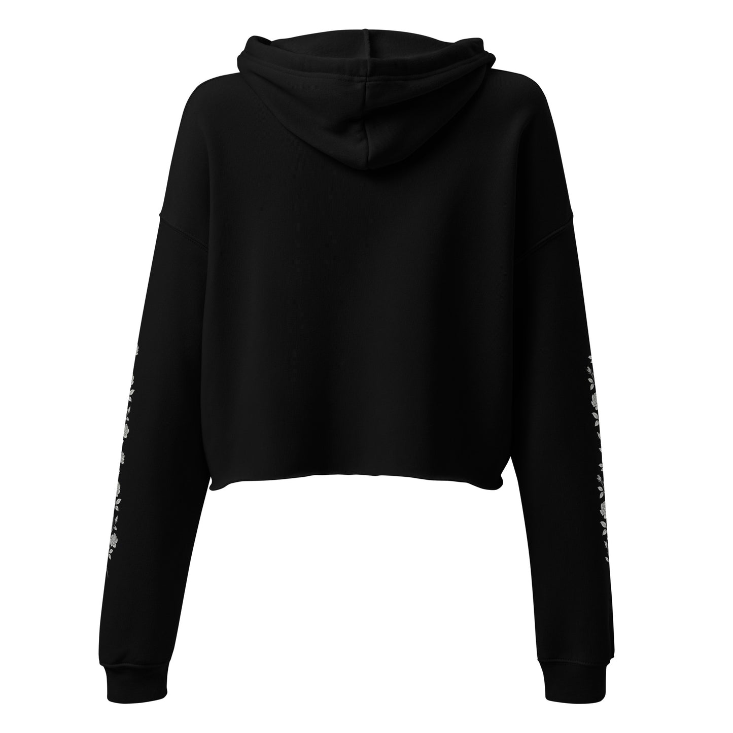 Still Sacred Crop hoodie flowers on left and right arm, back view