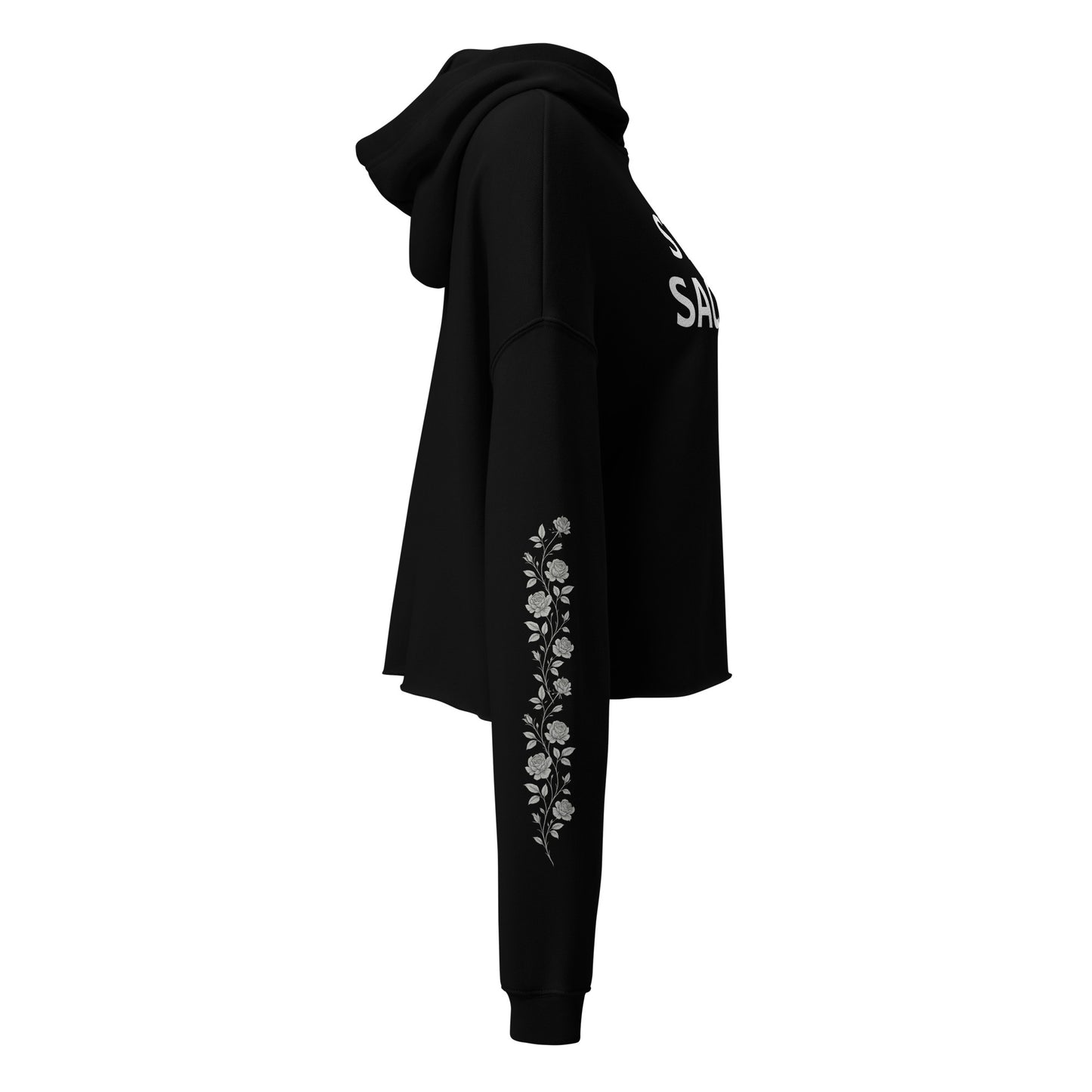 Still Sacred Crop hoodie flowers on left and right arm, right view