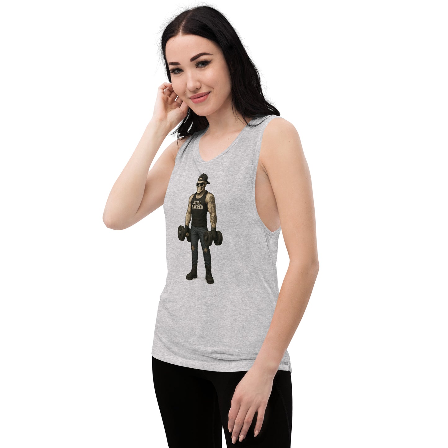 Gray Still Sacred women's muscle tank – Skelly lifting weights, front left view streetwear apparel