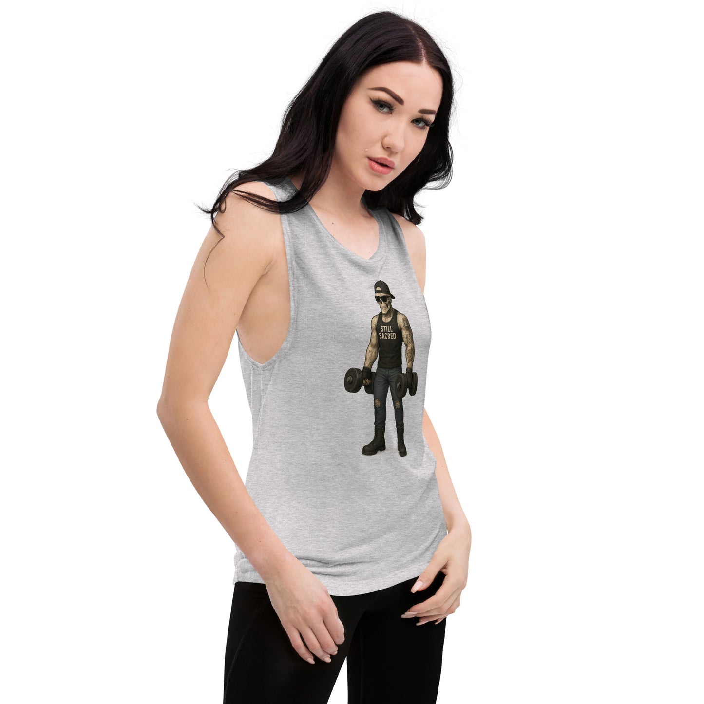 Gray Still Sacred women's muscle tank – Skelly lifting weights, front right view streetwear apparel
