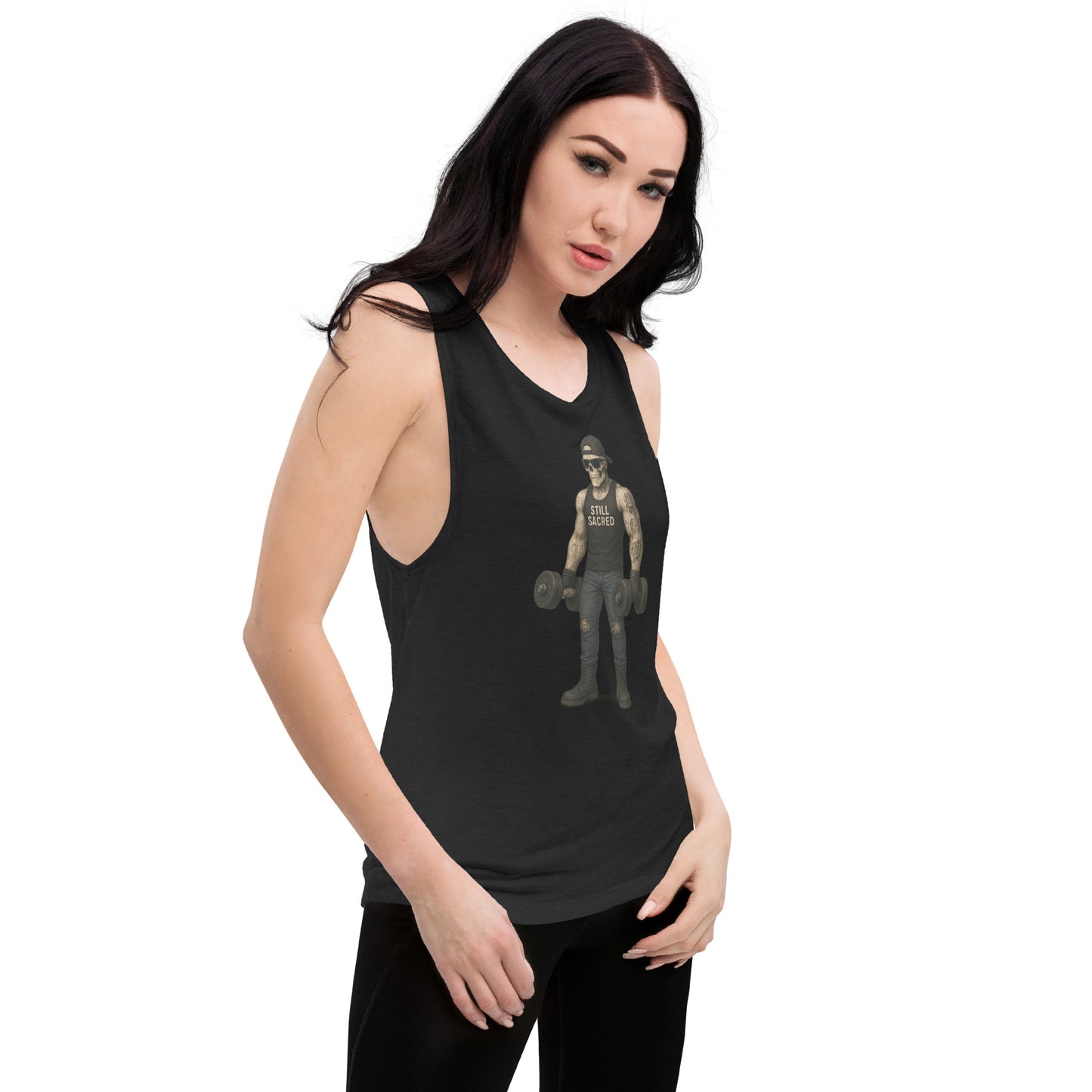 Black Still Sacred women's muscle tank – Skelly lifting weights, front right view streetwear apparel