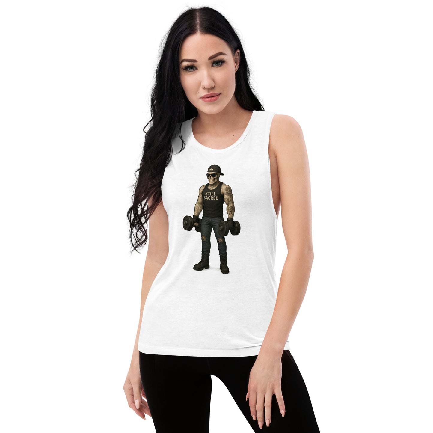 White Still Sacred women's muscle tank – Skelly lifting weights, front view streetwear apparel