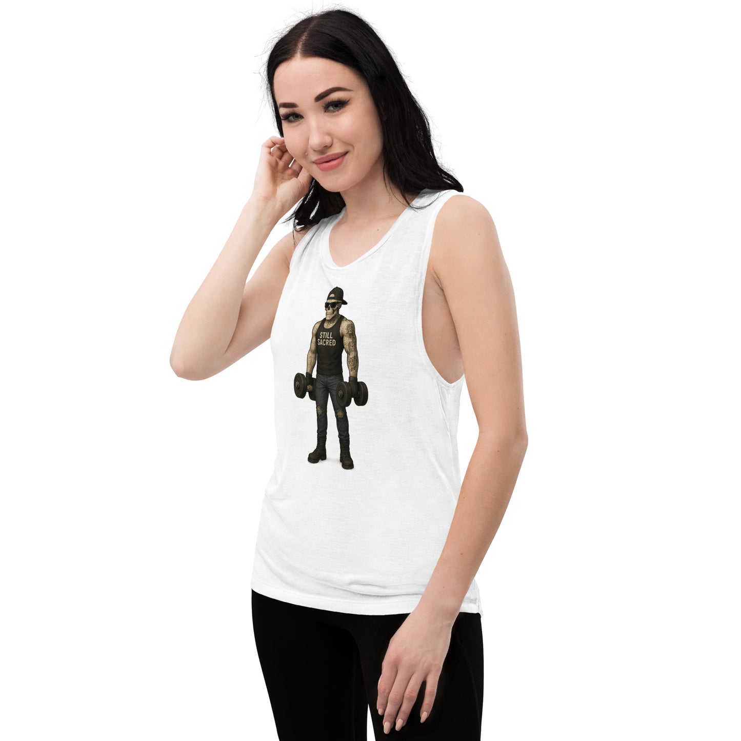 white Still Sacred women's muscle tank – Skelly lifting weights, front left view streetwear apparel