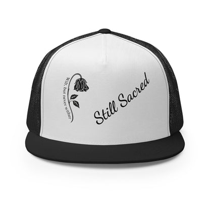White and black Still Sacred 5-panel trucker cap – front view streetwear accessory