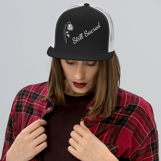 White and Black Still Sacred 5-panel trucker cap – front view streetwear accessory