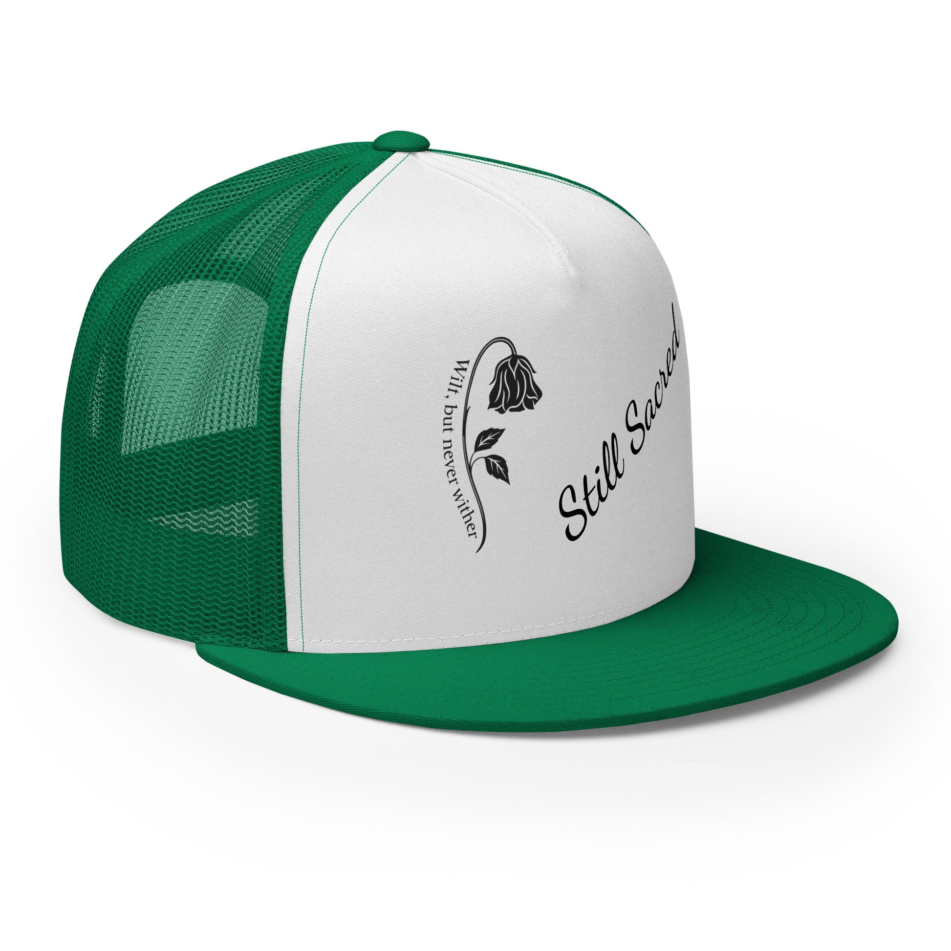 Green and white Still Sacred 5-panel trucker cap – front right view streetwear accessory