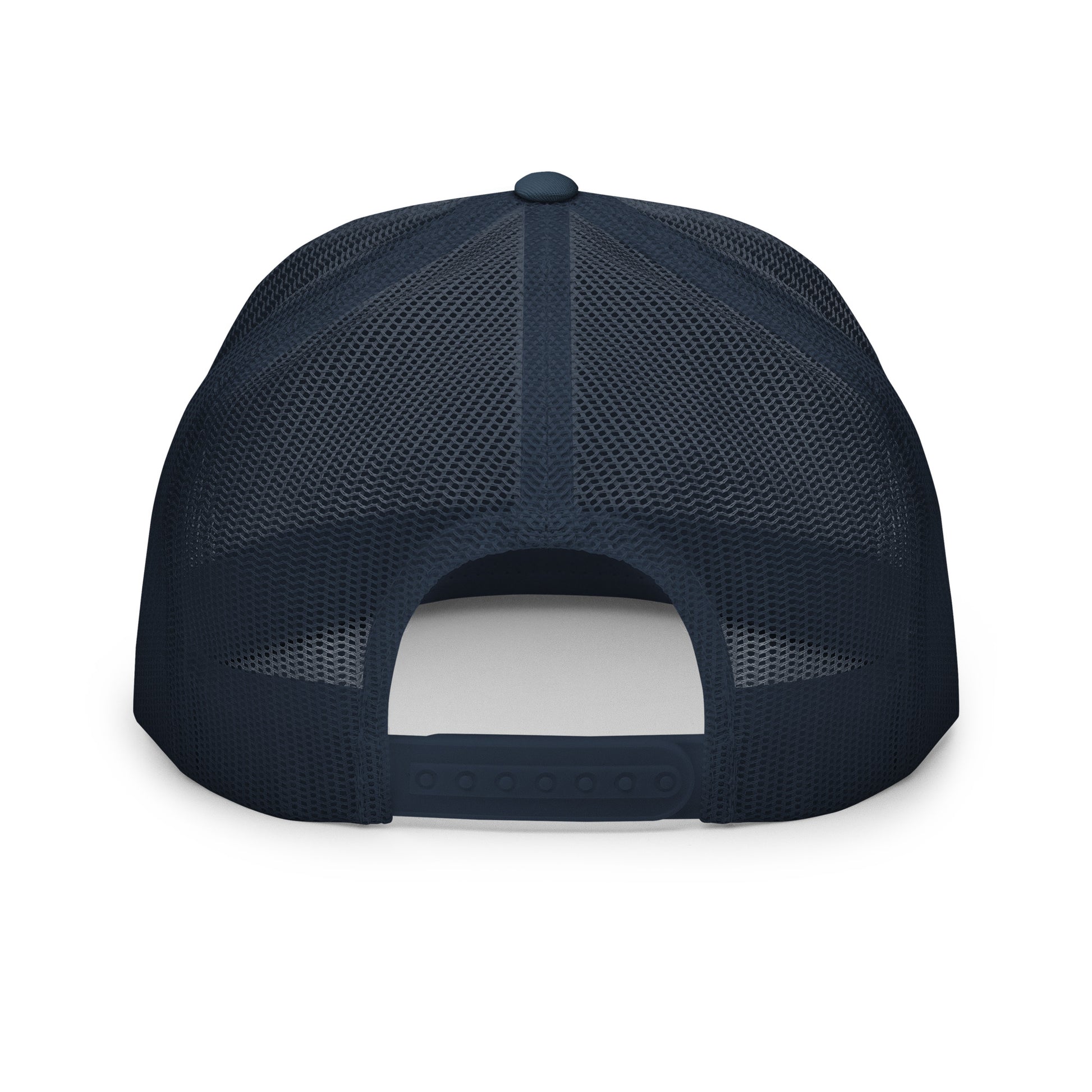 navy and white Still Sacred 5-panel trucker cap – back view streetwear accessory