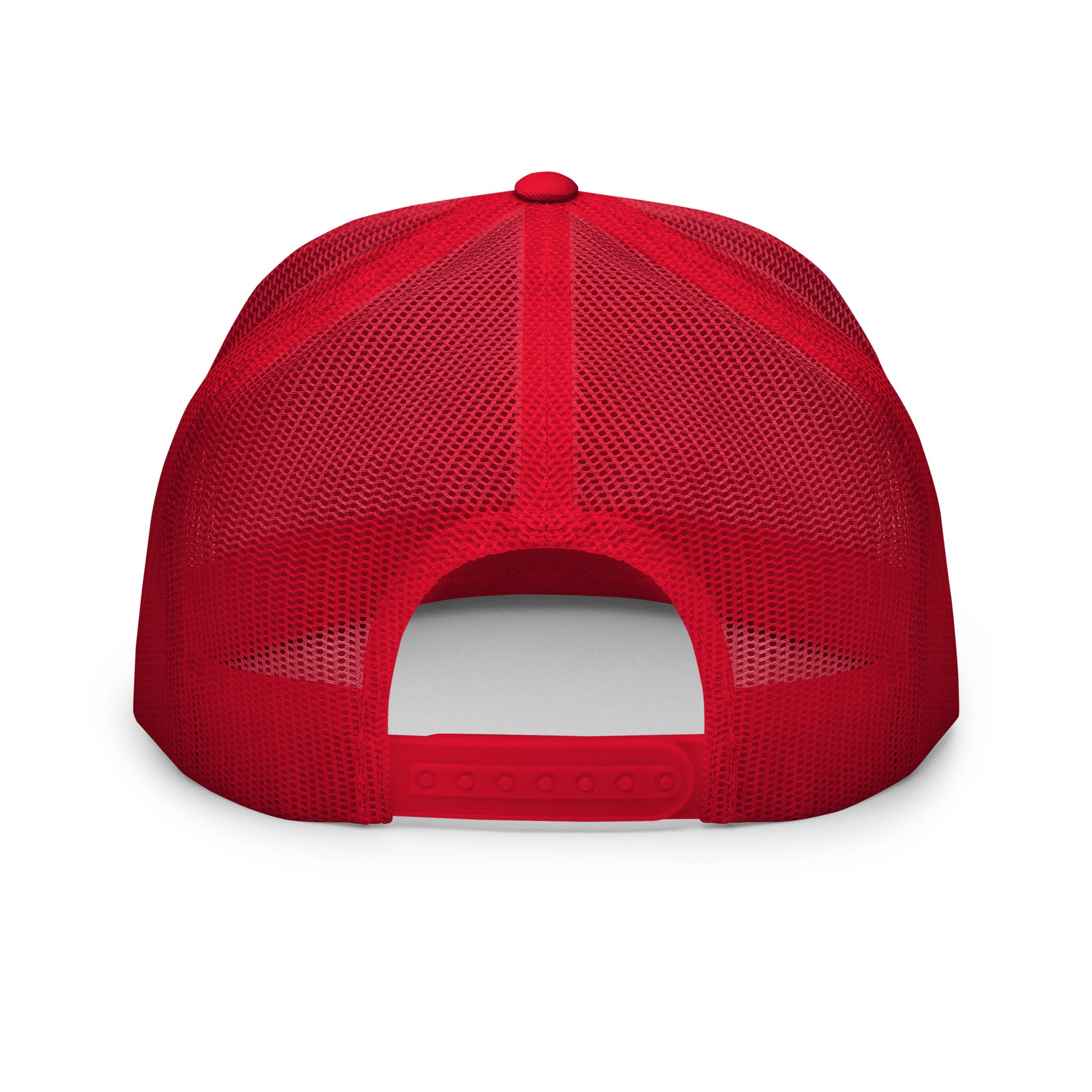 Red and white Still Sacred 5-panel trucker cap – Back view streetwear accessory