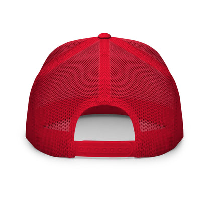 Red and white Still Sacred 5-panel trucker cap – Back view streetwear accessory